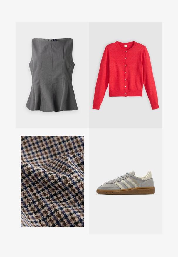 Rød cardigan lavet af blødt stof med rund halsudskæring, lange ærmer og knaplukning foran. Har matchende knapper.; Grå peplum-top med et struktureret, ærmeløst design. Fremstillet af glat stof, med lodrette sømme og en lige halsudskæring.; Tekstil i ternet mønster med beige, brun, marineblå og sort farver med en tekstureret finish. Blødt og faldende udseende.; Grå suedet sko med lysegrå læderstriber og en gummigummisole. Funktioner inkluderer snørebåndslukning og subtil branding på tungen.