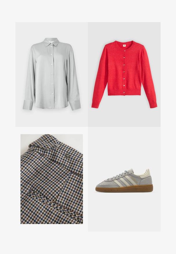 Červený cardigan vyrobený z měkké tkaniny s kulatým výstřihem, dlouhými rukávy a zapínáním na knoflíky. Obsahuje odpovídající knoflíky.; Světle šedá košile s dlouhými rukávy a strukturovaným límcem, zapínání na knoflíky vpředu. Vyrobená z hladkého materiálu s volným střihem a dlouhými manžetami.; Next REGULAR FIT - CHECK BARREL TAILORED - Kalhoty - brown; Šedé semišové tenisky se světle šedými koženými pruhy a gumovou podrážkou. Vybavení zahrnuje šněrování a decentní branding na jazyku.