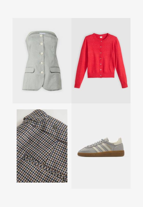 Crvena cardigan od mekane tkanine s okruglim izrezom, dugim rukavima i kopčanjem sprijeda. Ima usklađene gumbe.; Siva top bez naramenica s prednjim kopčanjem, koji ima šest velikih bijelih gumba, dva bočna džepa i strukturirani dizajn. Teksturirana obrada tkanine.; Next REGULAR FIT - CHECK BARREL TAILORED - Hlače - brown; Sive suede tenisice s svijetlosivim kožnim prugama i gumiranim potplatom. Značajke uključuju vezanje na vezice i suptilno brendiranje na jeziku.