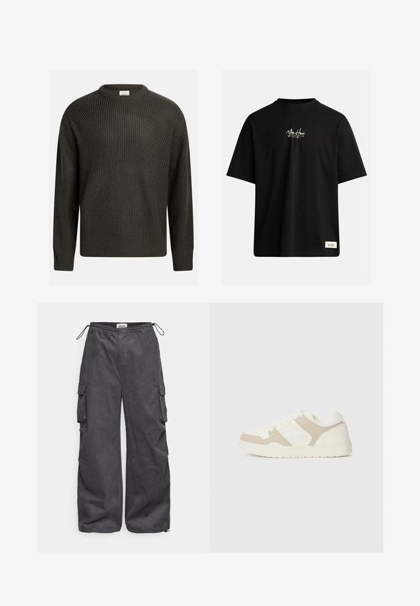 Dunkelgrüner, dick gestrickter Pullover mit Rundhalsausschnitt, schmaler Schulternaht und strukturiertem Muster. Gerippte Bündchen und Saum.; Schwarzes Kurzarm-T-Shirt aus Baumwolle. Hat ein kleines weißes Logo auf der Brust und ein rechteckiges Etikett unten rechts.; Graue Cargo-Hosen aus einem strukturierten Stoff, mit elastischem Bund, Kordelzug und Seitentaschen. Lässiger Schnitt mit weitem Bein.; Weiße und beige Sneaker mit einer Kombination aus glatten und Wildleder-Oberflächen, runder Zehenpartie, Schnürverschluss und flacher Gummisohle.