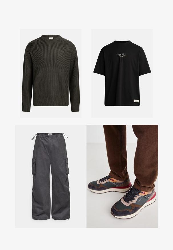 Sötétzöld, vastag kötésű pulóver kerek nyakkal, ejtett vállakkal és mindenhol texturált mintával. Bordázott mandzsetta és alj.; Fekete, rövid ujjú póló, amely 100% pamutból készült. A mellkason egy kis fehér logó található, és a jobb alsó részen egy téglalap alakú címke van.; Szürke cargo nadrág, texturált anyagból készült, rugalmas derékrésszel, zsinórral és oldalsó zsebekkel. Laza szabású, széles lábakkal.; Cipők, szürke hálós anyag, sötétkék velúr és bordó részletek keverékével. Fűzős kialakításúak, és feltűnő márkázás található az oldalukon.