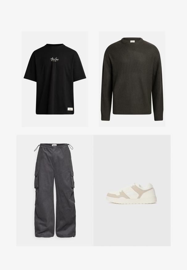 Mørkegrønn, tykk strikkegenser med rund hals, senkede skuldre og teksturert mønster hele veien. Ribbestrikkede mansjetter og kant.; Svart T-skjorte med korte ermer laget av bomull. Har en liten hvit logo på brystet og en rektangulær etikett nederst til høyre.; Grå cargo bukser med teksturert stoff, elastisk liv, snøring og sidelommer. Løs passform med vide ben.; Hvit og beige sneaker med en kombinasjon av glatt og semsket tekstur, rund tå, snøring og en flat gummisåle.