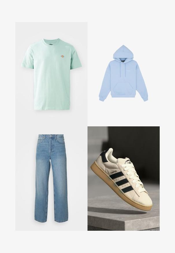 Světle modrá mikina s kapucí vyrobená z bavlny, s velkou přední kapsou, šňůrkou na stažení kapuce a volným střihem. Logo umístěné na hrudi.; Světle zelené bavlněné tričko s kulatým výstřihem a krátkými rukávy. Na hrudi se nachází malé, barevné logo.; Světle modré džíny s vysokým pasem, rovnými nohavicemi, předním zapínáním na knoflík a pěti kapsami na jednobarevném pozadí.; Béžové semišové tenisky s třemi tmavě modrými pruhy, bílými tkaničkami a hnědou gumovou podrážkou. Obsahují logo na jazyku a nápis "CAMPUS".