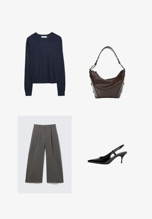 Navy blue knitted sweater with a round neckline and long sleeves, featuring a slightly cropped hem and ribbed cuffs for added texture.; Gray pinstriped wide-leg trousers with belt loops and pleats, displayed flat against a white background.; Black patent leather slingback pump with pointed toe, open side cutouts, slim heel, and adjustable ankle strap.; Dark brown leather handbag with a curved shape, zip closure, and a short handle. Features metal hardware and decorative black buttons on the side.