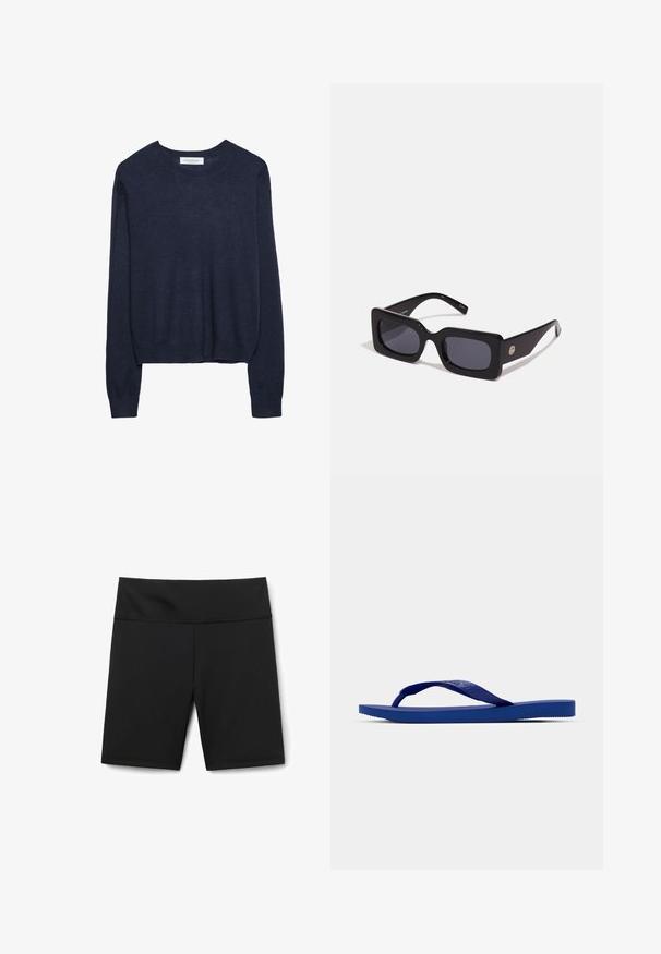 Námořnický modrý pletený svetr s kulatým výstřihem a dlouhými rukávy, který má mírně zkrácený lem a žebrované manžety pro zvýšení textury.; Černé sportovní šortky vyrobené z elastické, vlhkosti odvádějící tkaniny. Mají vysoký pas, hladký povrch a čistě olemované okraje.; Modrá žabková sandál s plochou podrážkou vyrobená z gumy, s texturovaným popruhem a minimalistickým designem bez viditelného loga.; Černé sluneční brýle ve čtvercovém tvaru s tmavými skly, elegantní plastový rám a boční akcent s kruhovým emblémem. Design je geometrický a výrazný.; Modrá semišová taška přes rameno s dvěma dlouhými rukojeťmi, obdélníkový tvar, hladká textura, minimalistický design, s jemným logem na přední straně.