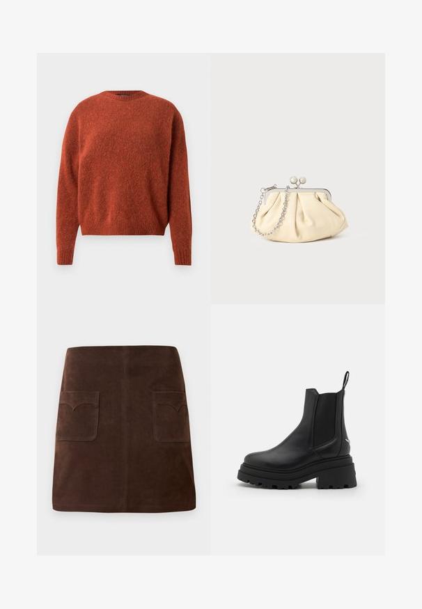 Rūdys spalvos megztinis su apvalia iškirpte ir briaunotais rankogaliais. Audinys yra minkštas, tekstūruotas. Matomų užsegimų ar raštų nėra.; Ruda veliūrinė sijonas, pasižymintis klasikinio A formos siluetu, dviem priekinėmis kišenėmis su apvaliais uždangaliukais ir subtiliais siuvinėjimo akcentais.; Juodi Chelsea batai, pagaminti iš lygaus odos, su elastingais šonų paneliais, storu, grotuotu guminio pado ir su traukimo įrankiu gale.; Plyšiniai smėlio spalvos odiniai rankinukai su sidabriniu metaliniu rėmu, turintys du apvalius dekoratyvinius užtrauktukus ir sidabrinę grandinėlę.