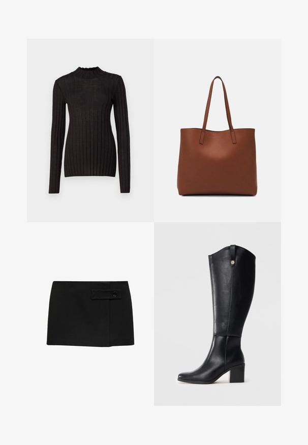 Sort ribbet langærmet sweater med en høj, flæset hals. Stoffet er glat med en tætsiddende silhuet og har vertikale striber.; Sort mini nederdel med en glat tekstur, der har en sidelomme og en sort knapdetalje foran.; Sorte knæhøje læderstøvler med firkantet tå og blokhæl. Har en sidesøm og en dekorativ metalaccent øverst.; Brun læder tote taske med en glat overflade, åben topdesign og to skulderremme. Har minimal syning og ingen synlig hardware.