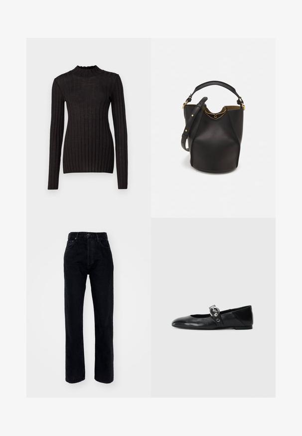 Melna ribota garām piedurknēm džemperis ar augstu, svārku apakšmalu. Audums ir gluds ar pieguļošu siluetu un vertikālām svītrām.; Melnas denima augstās jostasbikses ar taisnu kāju dizainu, ar piecām kabatām, jostu cilpām un pogu aizdari jostasvietā.; Melnas ādas baleta kurpes ar smailu purngalu, ar siksniņu ar apaļu metāla sprādzi un platu zoli.; Melnas ādas spainīša somas ar teksturētu apdari, zelta metāla aksesuāriem un atvērtu augšu. Piedāvā īsu rokturi un regulējamu plecu siksnu.; Sudraba sirdī formas piekariņi ar iegravētiem "JĀ" un "NĒ" tekstiem, pulēta apdare, simetrisks dizains un izturīgs metāla aizdare.