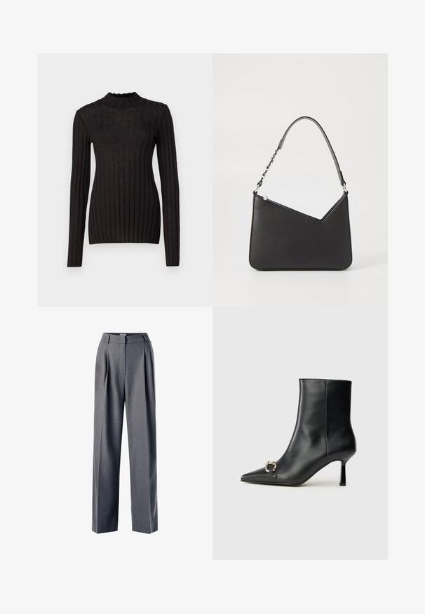 Sort ribbet langærmet sweater med en høj, flæset hals. Stoffet er glat med en tætsiddende silhuet og har vertikale striber.; Grå skræddersyede bukser med en plisseret front, bred bendesign og glat tekstur, der har en flad talje og sidelommer.; Sort læder ankelstøvle med spidse tæer, slank hæl i mellemhøjde og sølvspænde detaljer på siden mod en ensfarvet baggrund.; Sort læderhåndtaske i trekantet form med en slank rem og sølv hardware. Har lynlås-lukning og prægede logo på forsiden.