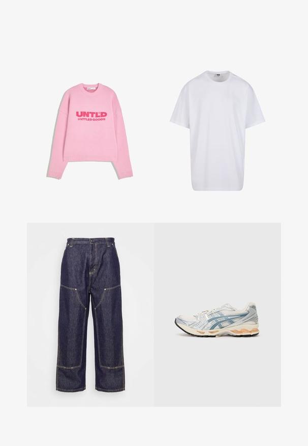 Pulover tricotat cu mânecă lungă roz, cu manșete și tiv texturat, având textul "UNTLD UNTITLED GOODS" în roșu vibrant pe piept.; Tricou alb din bumbac cu mâneci scurte, decolteu rotund, croială lejeră și fără logo-uri sau modele vizibile. Textură netedă și design minimalist.; Carhartt WIP NASH PANT SMITH - Blugi loose fit - blue rinsed; Pantofii de alergare au un superior din plasă ușoară cu accente argintii și albastre, o talpă intermediară bej căptușită și o talpă exterioară din cauciuc negru, durabilă.