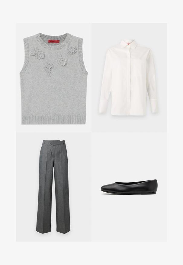 Hellgrauer ärmelloser Pullover mit einem gerippten Hals- und Saumabschluss. Verfügt über drei strukturierte Blumenapplikationen auf der Vorderseite. Markenlabel: MAX&Co.; Weißes Langarmhemd aus Baumwolle mit klassischem Kragen, einer Brusttasche und Knopfmanschetten. Glatte Textur, gerade Passform.; Weite Hosen aus dunkelgrauem Stoff, mit hoher Taille, Vorderfalten und einem seitlichen Knopfverschluss.; Paul Smith TOPANGA - Klassischer Ballerina - black
