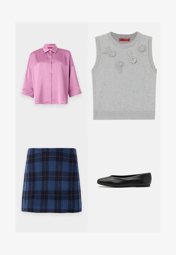 Pull sans manches gris clair avec un col et un ourlet côtelés. Présente trois appliqués floraux texturés sur le devant. Étiquette de la marque : MAX&Co.; Chemise boutonnière en satin rose clair avec col, coupe décontractée et manches retroussées, présentant une texture douce et un léger éclat.; Jupe mini en tartan bleu foncé et marine, fabriquée en tissu doux avec une finition légèrement texturée. Présente une coupe droite et des lignes épurées.; Paul Smith TOPANGA - Ballerines - black