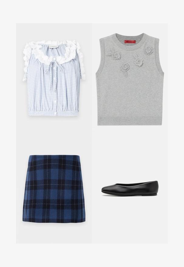 Light grey sleeveless sweater with a ribbed neckline and hem. Features three textured floral appliqués on the front. Brand label: MAX&Co.; Blue and white gingham cropped blouse with a ruffled white lace collar, front buttons, and a drawstring tie at the neckline.; Plaid mini skirt in dark blue and navy, made of soft fabric with a slightly textured finish. Features a straight cut and clean lines.; Paul Smith TOPANGA - Ballet pumps - black