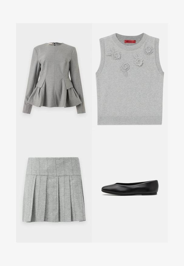 Lichtgrijze mouwloze trui met een geribbelde halslijn en zoom. Bevat drie textuurrijke bloemapplicaties op de voorkant. Merklabel: MAX&Co.; Grijze peplumtop met verticale witte strepen, gestructureerd ontwerp, ronde halslijn, lange mouwen en ritssluiting aan de achterkant. Getextureerde stof.; Grijze geplooide rok gemaakt van stof met een haringbone-patroon; heeft een gestructureerde tailleband en een rechte snit aan de onderkant.; Paul Smith TOPANGA - Ballerina's - black