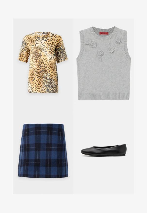 Light grey sleeveless sweater with a ribbed neckline and hem. Features three textured floral appliqués on the front. Brand label: MAX&Co.; Leopard print short-sleeve blouse features a round neck, soft fabric, and a loose fit, showcasing various shades of brown and black patterns.; Plaid mini skirt in dark blue and navy, made of soft fabric with a slightly textured finish. Features a straight cut and clean lines.; Paul Smith TOPANGA - Ballet pumps - black