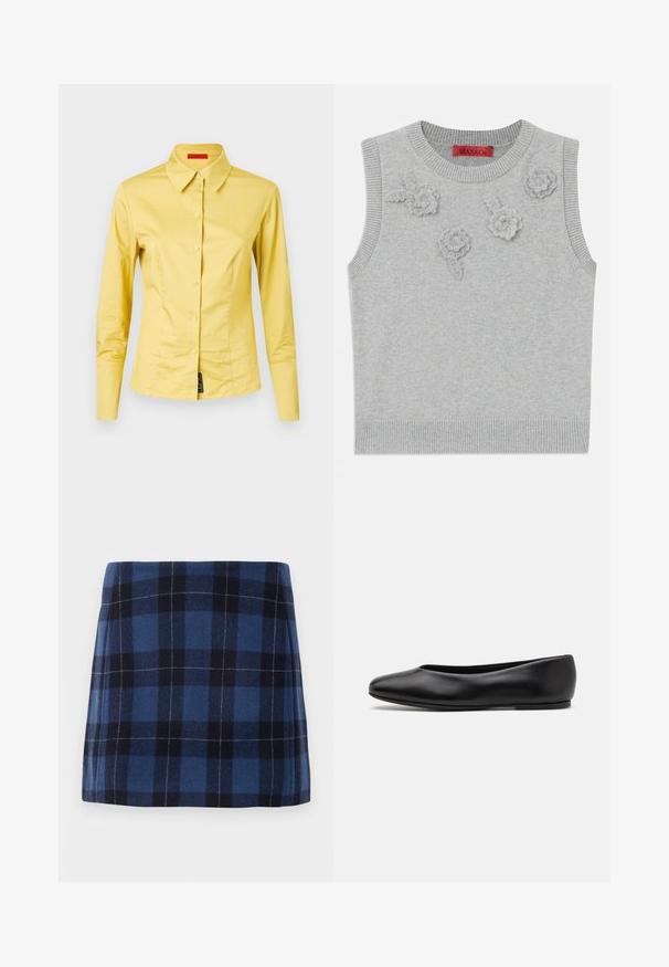 Suéter sin mangas de color gris claro con un cuello y dobladillo acanalados. Presenta tres aplicaciones florales texturizadas en la parte frontal. Etiqueta de la marca: MAX&Co.; Camisa amarilla de manga larga con cuello de punta, tela suave y un detalle de etiqueta negra en la parte inferior izquierda.; Falda corta de cuadro en azul oscuro y marino, hecha de una tela suave con un acabado ligeramente texturizado. Presenta un corte recto y líneas limpias.; Paul Smith TOPANGA - Bailarinas - black