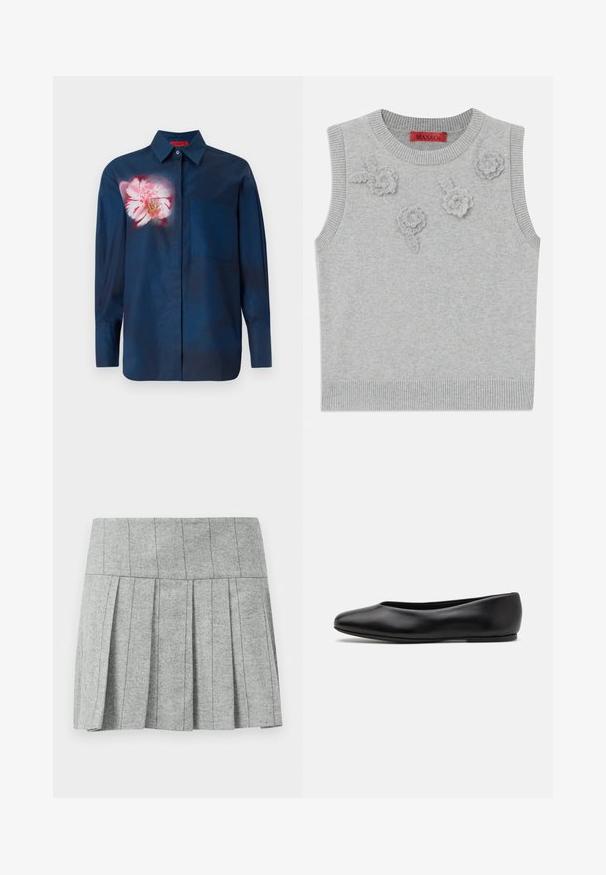 Suéter sin mangas de color gris claro con un cuello y dobladillo acanalados. Presenta tres aplicaciones florales texturizadas en la parte frontal. Etiqueta de la marca: MAX&Co.; Camisa azul marino con un diseño floral en tonos rosas en el lado izquierdo del pecho, con cuello abotonado y un bolsillo en la parte delantera.; Falda gris con plisados, hecha de tela con patrón de espiga; presenta una cinturilla estructurada y un corte recto en la parte inferior.; Paul Smith TOPANGA - Bailarinas - black