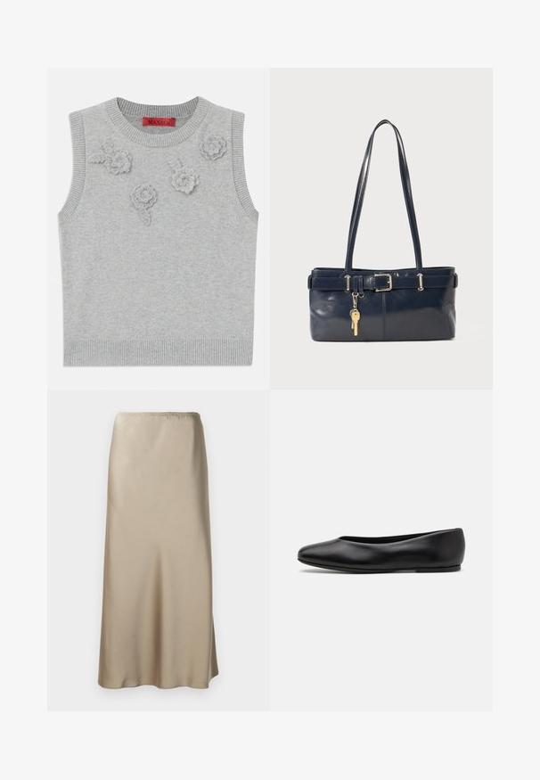 Helehall hallide ja äärega heledat halli lühikeste varrukatega kampsunit. Ees on kolm tekstuurset lilleaplikatsiooni. Brändi silt: MAX&Co.; Nahatest satiinist midi-seelik heledas beežis, millel on elastne vöökoht, sile tekstuur ja voolujooneline A-lõige. Ilma nähtavate mustrite või detailideta.; Paul Smith TOPANGA - Baleriinad - black; Tumedast nahast käekott kahe pika käepidemega, pandla detailiga ja võtmehoidjaga. Omab siledat tekstuuri ja ristkülikukujulist vormi.