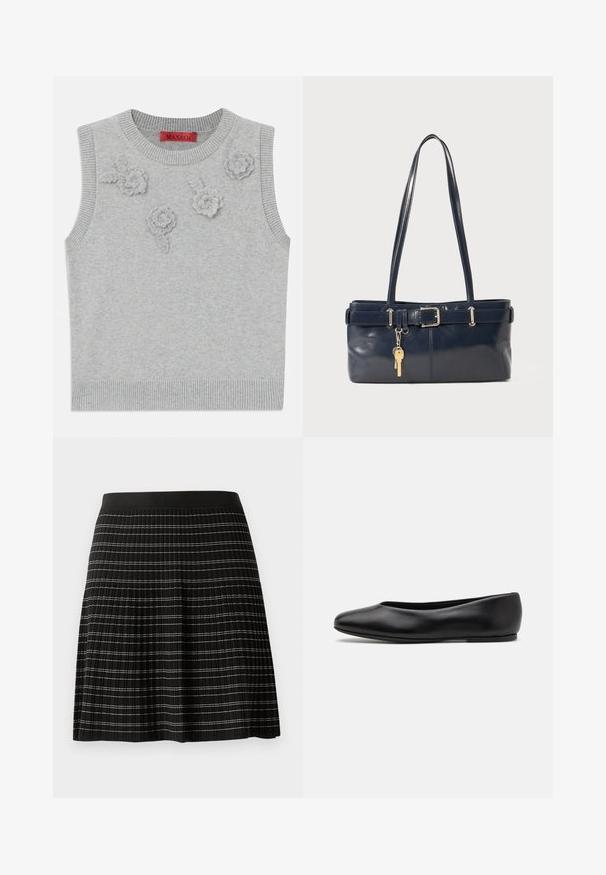 Light grey sleeveless sweater with a ribbed neckline and hem. Features three textured floral appliqués on the front. Brand label: MAX&Co.; Black pleated skirt with a smooth waistband, featuring subtle contrasting horizontal stripes in silver and white across the fabric.; Paul Smith TOPANGA - Ballet pumps - black; Navy leather handbag with two long handles, a buckle detail, and a keychain attached. Features a smooth texture and a rectangular shape.