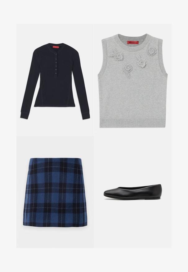 Hellgrauer ärmelloser Pullover mit einem gerippten Hals- und Saumabschluss. Verfügt über drei strukturierte Blumenapplikationen auf der Vorderseite. Markenlabel: MAX&Co.; Langärmliges, navyblaues Henley-Shirt aus weichem Stoff, mit einer Knopfleiste mit sechs Knöpfen und Rippbündchen.; Karierte Minirock in Dunkelblau und Marineblau, aus weichem Stoff mit leicht strukturiertem Finish. Verfügt über einen geraden Schnitt und klare Linien.; Paul Smith TOPANGA - Klassischer Ballerina - black