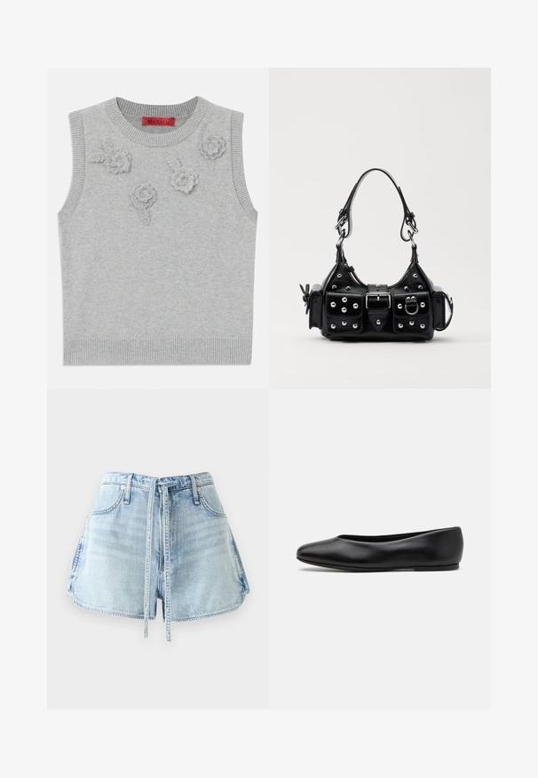 Suéter sin mangas de color gris claro con un cuello y dobladillo acanalados. Presenta tres aplicaciones florales texturizadas en la parte frontal. Etiqueta de la marca: MAX&Co.; Pantalones cortos de mezclilla azul claro con cintura con cordón, cinco bolsillos y bordes sin rematar. La tela tiene una textura desgastada.; Paul Smith TOPANGA - Bailarinas - black; Bolso de mano de cuero negro con un diseño curvado, que cuenta con tachuelas plateadas, una hebilla y dos bolsillos laterales. Correa ajustable para opciones de transporte.