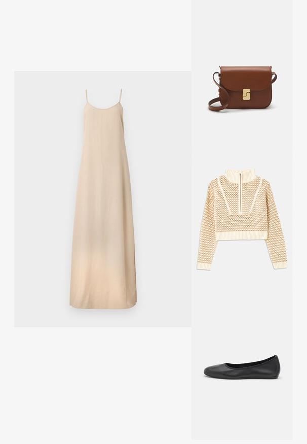 Pullover cropped beige chiaro con collo alto con zip, caratterizzato da un motivo testurizzato e polsini e orlo a coste. Combina materiali a maglia e tessuti.; Filippa K DRAPED STRAP DRESS - Abiti per occasioni speciali - caramel be; Pantofole da balletto nere in pelle con punta arrotondata, texture liscia, dettagli di cucitura minimi e design con suola flessibile.; Borsa a tracolla in pelle marrone con chiusura a pattina, hardware color oro, tracolla e una finitura liscia. Forma rettangolare compatta.