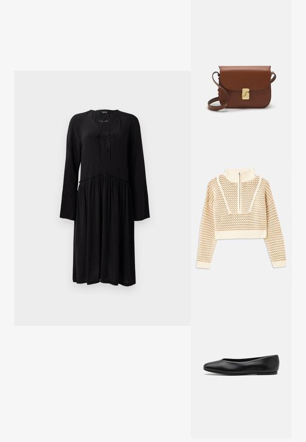 Light beige cropped sweater with a zippered mock neck, featuring a textured pattern and ribbed cuffs and hem. Combines knit and woven materials.; Black dress made of lightweight fabric with long, flared sleeves, a V-neckline with a tie, and a gathered waist leading to a flowing skirt.; Paul Smith TOPANGA - Ballet pumps - black; Brown leather handbag with a flap closure, gold-tone hardware, a shoulder strap, and a smooth texture. Compact rectangular shape.