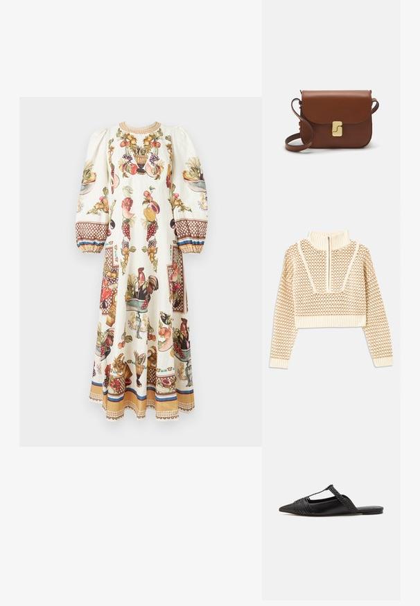 Helles, beigefarbenes, kurzes Sweatshirt mit einem Reißverschlusskragen, das ein strukturiertes Muster sowie gerippte Bündchen und Saum aufweist. Kombiniert Strick- und Webmaterialien.; Langes cremefarbenes Kleid mit Puffärmeln, dekoriert mit bunten Mustern aus Früchten, Gemüse und Hähnchen sowie braunen gemusterten Manschetten und Saum.; Schwarzer Leder-Slingback-Schuh mit spitzem Zehenbereich, ausgestattet mit einem geflochtenen Akzent und einem gefalteten Oberdesign. Flache Sohle mit minimalem Zubehör.; Braune Ledertasche mit Klappenverschluss, Beschlägen in Goldfarbe, einem Schultergurt und einer glatten Oberfläche. Kompakte rechteckige Form.