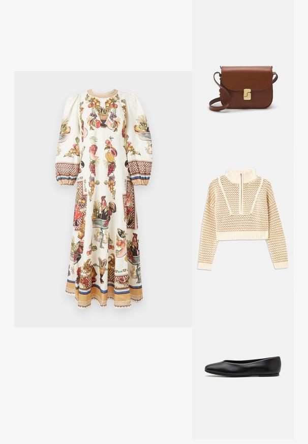 Pulover scurt de culoare bej deschis, cu guler tip mock cu fermoar, având un model texturat și manșete și tiv coagulate. Combină materiale tricotate și țesute.; Rochie lungă crem cu mâneci bufante, decorată cu modele colorate de fructe, legume și cocoși, și cu manșete și tiv cu motive maronii.; Paul Smith TOPANGA - Balerini - black; Geantă de piele maro cu închidere tip capac, accesorii de culoare aurie, curea de umăr și o textură netedă. Formă compactă și rectangulară.