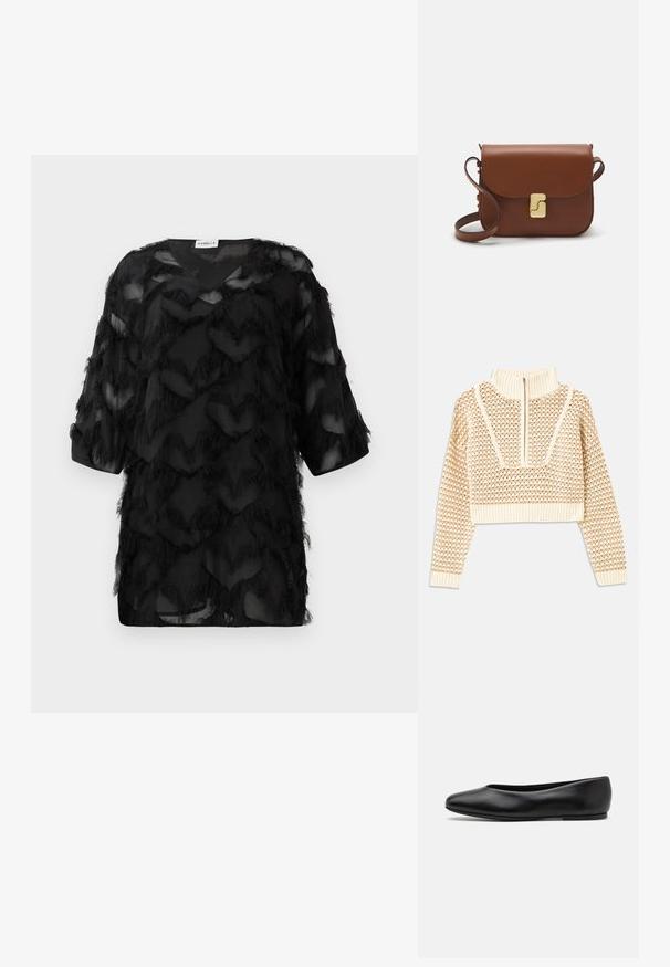 Jasnobeżowy krótki sweter z zapięciem na zamek błyskawiczny przy kołnierzu w stylu stójki, z teksturowanym wzorem oraz prążkowanymi mankietami i dołem. Łączy materiały dziane i tkane.; Czarna przezroczysta bluzka z rękawami o długości trzech czwartej, z teksturowanym wzorem frędzli w zygzak, wyeksponowana na białym tle.; Paul Smith TOPANGA czarny; Brązowa skórzana torebka na ramię z klapką, złotymi detalami, paskiem na ramię i gładką teksturą. Kompaktowy prostokątny kształt.
