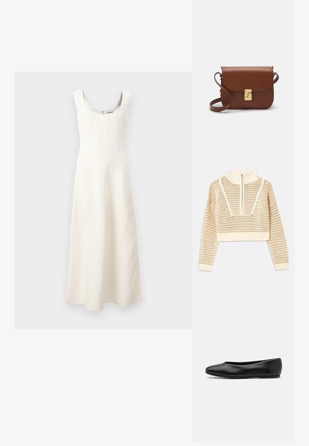 Jasnobeżowy krótki sweter z zapięciem na zamek błyskawiczny przy kołnierzu w stylu stójki, z teksturowanym wzorem oraz prążkowanymi mankietami i dołem. Łączy materiały dziane i tkane.; Biała sukienka bez rękawów z okrągłym dekoltem, dopasowaną górą i zwiewnym dołem. Posiada pionowe szwy i ukryty zamek z tyłu.; Paul Smith TOPANGA czarny; Brązowa skórzana torebka na ramię z klapką, złotymi detalami, paskiem na ramię i gładką teksturą. Kompaktowy prostokątny kształt.