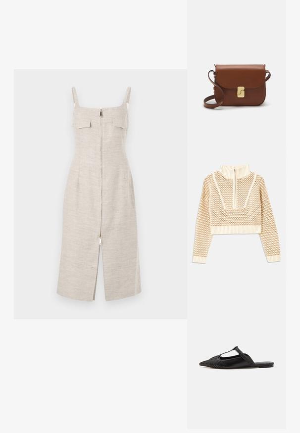 Világos bézs cropped pulóver, cipzáras álló gallérral, mely texturált mintával és bordás mandzsettával, valamint szegéllyel rendelkezik. A kötött és szőtt anyagok kombinációja.; Beige vászonruha testhezálló fazonnal, állítható vállpántokkal, két elülső zsebbel és középen végig húzódó zipzárral a nyaktól az alsó szegélyig.; Fekete bőr slingback cipő hegyes orral, szőtt díszítéssel és redőzött felső dizájnnal. Lapos talp minimális hardverrel.; Barna bőr kézitáska, hajtókás zárással, arany színű fém kiegészítőkkel, vállpánttal és sima felülettel. Kompakt téglalap alakú.