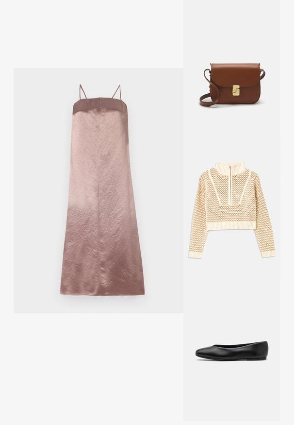 Helles, beigefarbenes, kurzes Sweatshirt mit einem Reißverschlusskragen, das ein strukturiertes Muster sowie gerippte Bündchen und Saum aufweist. Kombiniert Strick- und Webmaterialien.; Satin-Midikleid in abgestuften Rosatönen, mit dünnen Trägern und einer glatten, leicht zerknitterten Textur sowie einer geraden Silhouette.; Paul Smith TOPANGA - Klassischer Ballerina - black; Braune Ledertasche mit Klappenverschluss, Beschlägen in Goldfarbe, einem Schultergurt und einer glatten Oberfläche. Kompakte rechteckige Form.