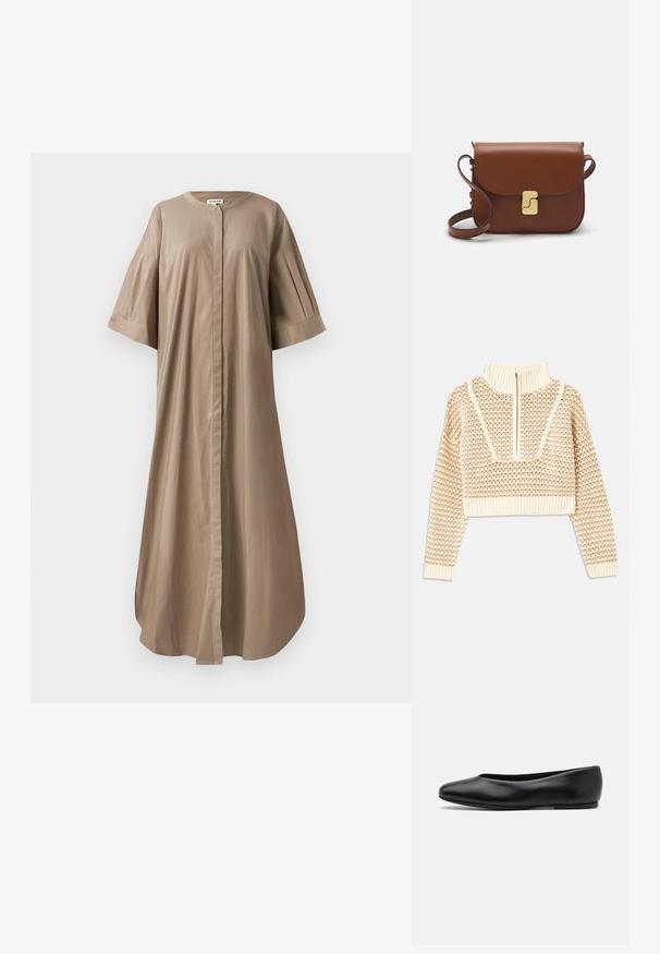 Pullover cropped beige chiaro con collo alto con zip, caratterizzato da un motivo testurizzato e polsini e orlo a coste. Combina materiali a maglia e tessuti.; Abito midi beige in cotone con scollo rotondo, maniche corte e ampie, e chiusura anteriore con bottoni. Tessuto liscio e vestibilità rilassata.; Paul Smith TOPANGA - Ballerine - black; Borsa a tracolla in pelle marrone con chiusura a pattina, hardware color oro, tracolla e una finitura liscia. Forma rettangolare compatta.