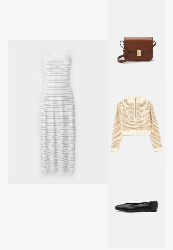 Helebeige lühike sviiter, millel on lukuga kaelus, tekstuuriga muster ning soonikuga varrukad ja äär. Kombineerib kudumise ja kootud materjalid.; Valge maxi kleit, millel on sobiv ülemine osa ja laienev seelik. Omab horisontaalseid siniseid triibusid ja ribakujundust, koos peente õlavarretrukkidega.; Paul Smith TOPANGA - Baleriinad - black; Pruunist nahast käekott, millel on klapiga sulgur, kuldne riistvara, õlarihm ja sile tekstuur. Kompaktne ristkülikukujuline vorm.