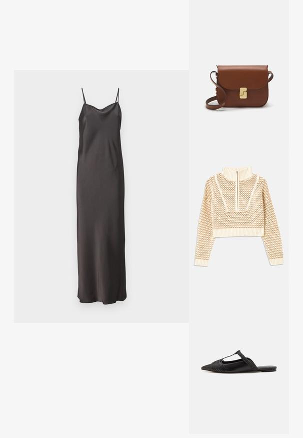 Svijetlo bež skraćeni džemper s rajsferšlusom i visokom ovratnikom, s teksturiranim uzorkom i rebrastim rukavima i rubom. Kombinira pletivo i tkaninu.; Crna satenska haljina na bretele s tankim podesivim trakama, dubokim V-izrezom i ravnim krojem, koja pada do polovice lista. Glatka tekstura.; Crne kožne cipele s remenom oko pete i šiljastim vrhom, s pletenim naglaskom i nabranim gornjim dijelom. Ravni đon s minimalnim hardverom.; Smeđa kožna torba s preklopom, zlatnim detaljima, remenom za nošenje preko ramena i glatkom teksturom. Kompaktni pravokutni oblik.