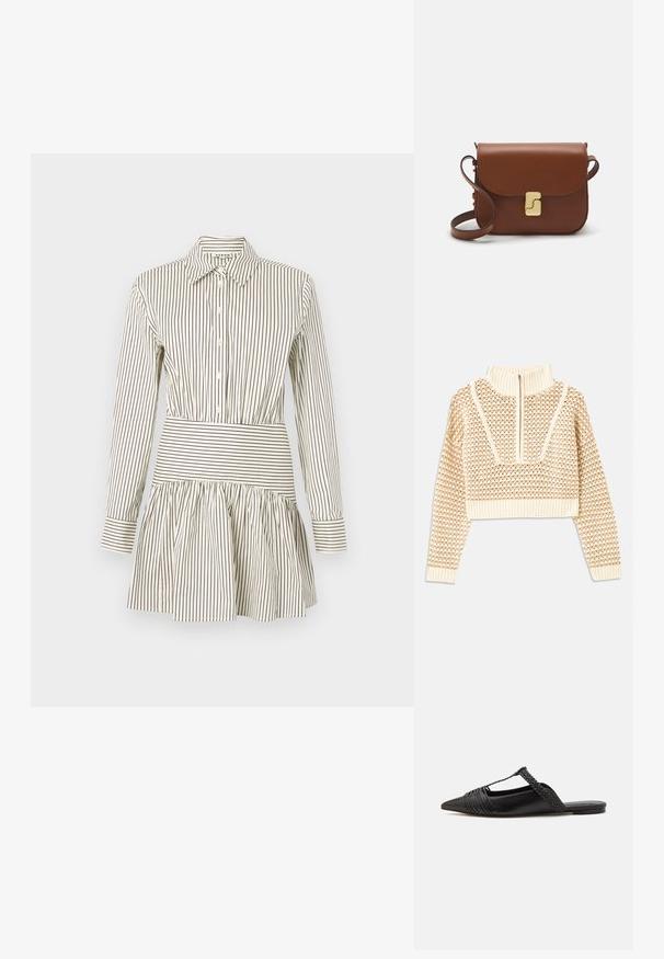 Helebeige lühike sviiter, millel on lukuga kaelus, tekstuuriga muster ning soonikuga varrukad ja äär. Kombineerib kudumise ja kootud materjalid.; Nööbiga kleit, millel on järgnev talje, laienev seelik, pikad varrukad ja kitsad pruunid triibud kreemival taustal. Omab klassikalist krae.; Must kuulsad nahast kandadega kingad, millel on terav nina, koos kootud detaili ja volditud ülaosaga. Lame tald minimaalse riistvaraga.; Pruunist nahast käekott, millel on klapiga sulgur, kuldne riistvara, õlarihm ja sile tekstuur. Kompaktne ristkülikukujuline vorm.