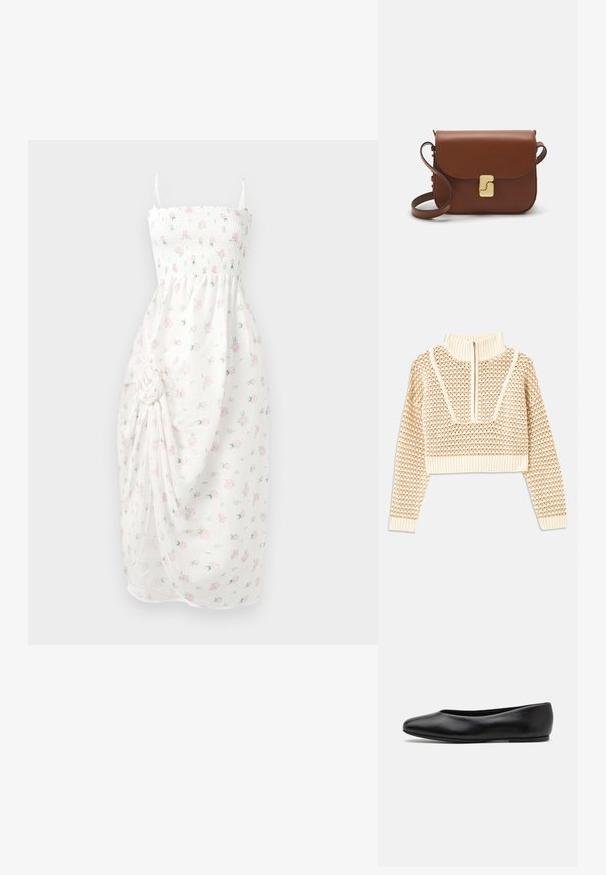 Helles, beigefarbenes, kurzes Sweatshirt mit einem Reißverschlusskragen, das ein strukturiertes Muster sowie gerippte Bündchen und Saum aufweist. Kombiniert Strick- und Webmaterialien.; Weißes Kleid mit gerafftem Oberteil, dünnen Trägern und floralem Muster in Pink. Verfügt über gerafften Stoff mit seitlichem Knoten und Schlitz.; Paul Smith TOPANGA - Klassischer Ballerina - black; Braune Ledertasche mit Klappenverschluss, Beschlägen in Goldfarbe, einem Schultergurt und einer glatten Oberfläche. Kompakte rechteckige Form.