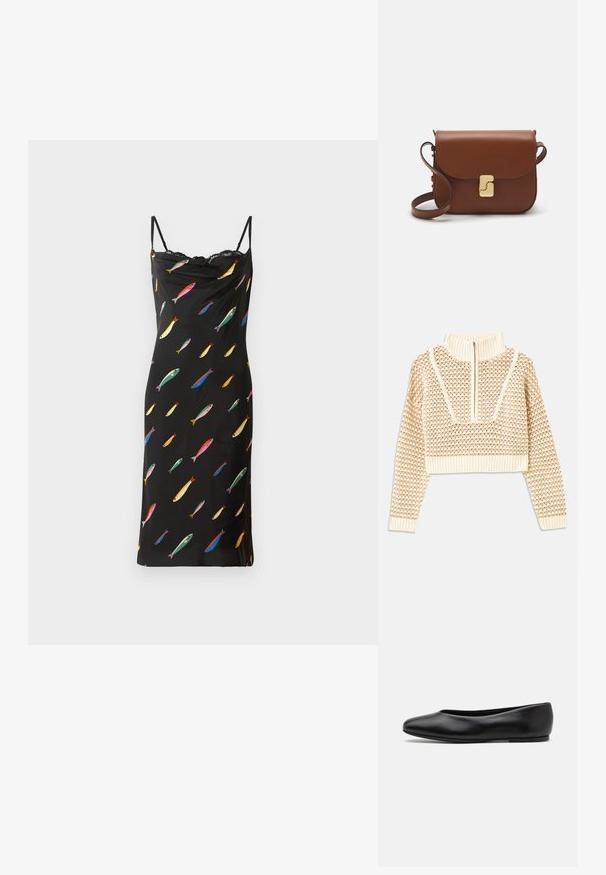 Pull en beige clair court avec un col montant zippé, présentant un motif texturé et des poignets et un ourlet côtelés. Combine des matériaux tricotés et tissés.; Robe noire sans manches avec un col drapé, fabriquée en tissu lisse. Présente un imprimé de poissons colorés sur l'ensemble et une finition en dentelle au niveau du col.; Paul Smith TOPANGA - Ballerines - black; Sac à main en cuir marron avec une fermeture à rabat, des accents en métal doré, une bandoulière et une texture lisse. Forme rectangulaire compacte.