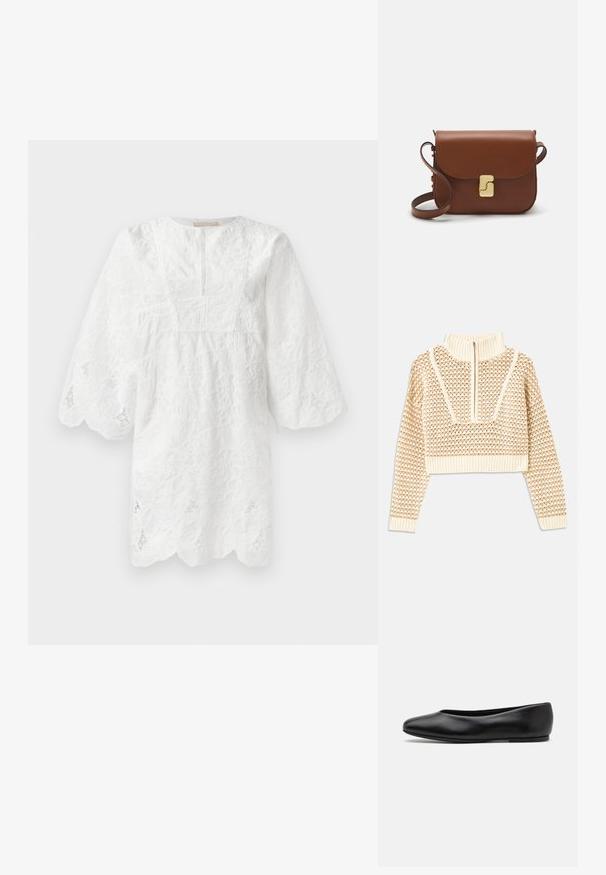 Svijetlo bež skraćeni džemper s rajsferšlusom i visokom ovratnikom, s teksturiranim uzorkom i rebrastim rukavima i rubom. Kombinira pletivo i tkaninu.; Bijela čipkasta haljina s tri četvrtine rukava, valovitim rubom i cvjetnim vezom po cijeloj površini. Sadrži okrugli dekolte i delikatnu teksturu.; Paul Smith TOPANGA - Balerinke - black; Smeđa kožna torba s preklopom, zlatnim detaljima, remenom za nošenje preko ramena i glatkom teksturom. Kompaktni pravokutni oblik.