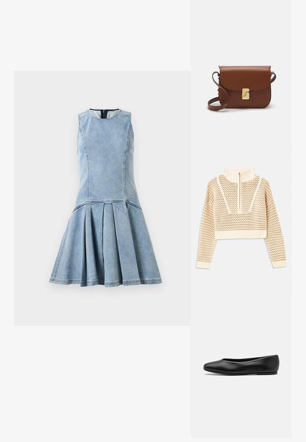 Licht beige cropped sweater met een ritskraag, voorzien van een textuurpatroon en geribde manchetten en onderrand. Combineert gebreide en geweven materialen.; Mouwloze lichtblauwe denim jurk met aansluitende bovenkant en uitlopende geplooide rok, ronde halslijn en zichtbare rits aan de achterkant.; Paul Smith TOPANGA - Ballerina's - black; Bruine leren handtas met een klep sluiting, gouden hardware, een schouderband en een gladde textuur. Compact rechthoekige vorm.