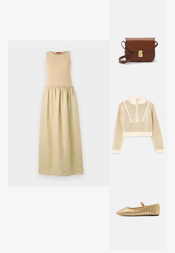 Light beige cropped sweater with a zippered mock neck, featuring a textured pattern and ribbed cuffs and hem. Combines knit and woven materials.; Sleeveless dress with a fitted beige knit top and a loose, light beige gathered skirt. Soft texture and floor-length design.; Loeffler Randall LEONIE SOFT BALLET FLAT - Ankle strap ballet pumps - gold; Brown leather handbag with a flap closure, gold-tone hardware, a shoulder strap, and a smooth texture. Compact rectangular shape.