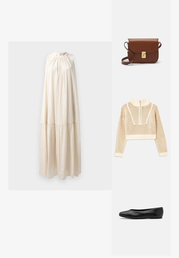 Light beige cropped sweater with a zippered mock neck, featuring a textured pattern and ribbed cuffs and hem. Combines knit and woven materials.; Long, sleeveless dress in light beige, featuring a high neck, gathered bodice, and tiered skirt with soft, smooth fabric texture.; Paul Smith TOPANGA - Ballet pumps - black; Brown leather handbag with a flap closure, gold-tone hardware, a shoulder strap, and a smooth texture. Compact rectangular shape.