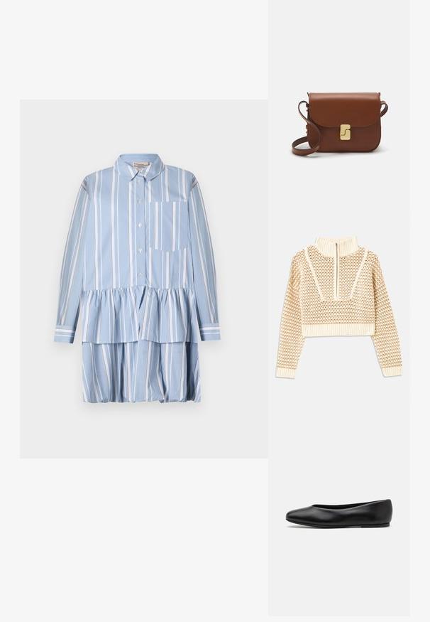 Pulover scurt de culoare bej deschis, cu guler tip mock cu fermoar, având un model texturat și manșete și tiv coagulate. Combină materiale tricotate și țesute.; Rochie cămașă bleu deschis, cu dungi verticale albe, având un tiv volanat, mâneci lungi și un buzunar pe partea stângă.; Paul Smith TOPANGA - Balerini - black; Geantă de piele maro cu închidere tip capac, accesorii de culoare aurie, curea de umăr și o textură netedă. Formă compactă și rectangulară.