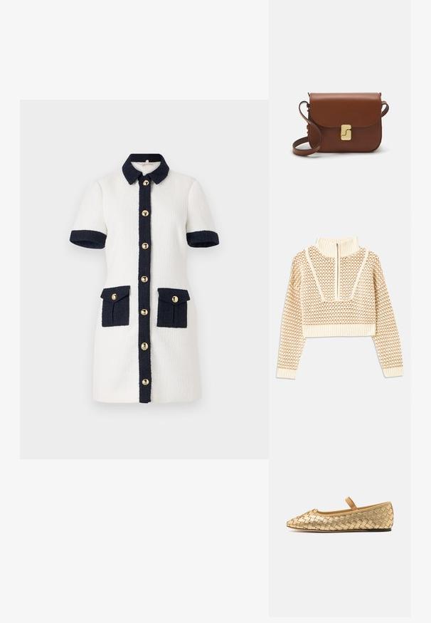 Svetlo béžový skrátený sveter so zipsovým vysokým golierom, s textúrovaným vzorom a rebrovanými manžetami a spodným lemom. Kombinuje pletené a tkané materiály.; Šaty s krátkym rukávom z bielej textúrovanej látky s námorníckym golierom, gombíkmi a vreckami. Obsahuje zlaté akcenty na gombíkoch a kontrastné vrecká.; Loeffler Randall LEONIE SOFT BALLET FLAT - Balerínky s remienkom okolo členku - gold; Hnedá kožená kabelka s klopou, zlatými kovovými prvkami, ramenným popruhom a hladkým povrchom. Kompaktný obdĺžnikový tvar.