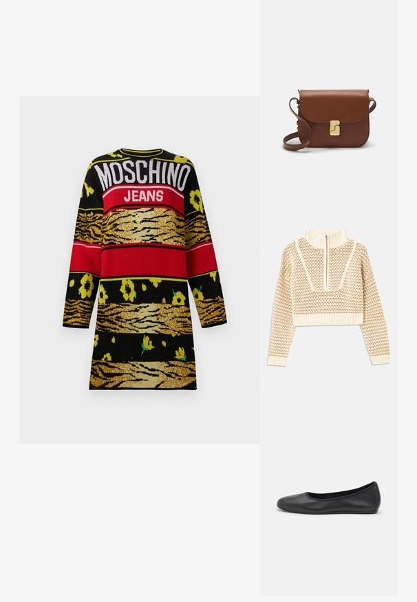 Šviesiai kreminis sutrumpintas megztinis su užtrauktuku ir apykakle, turintis tekstūruotą raštą bei gaubtus ir apykaklę su banguotais kraštais. Sujungia megztą ir audinį.; Juodas megztinis su vertikaliomis raudonomis ir auksinėmis juostelėmis, gėlėmis geltonos ir žalios spalvos, ir tekstu "MOSCHINO JEANS."; Juodai odiniai baletai su apvaliu pirštu, lygi texture, minimalus siuvimo detales ir lanksčiu padų dizainu.; Ruda odinė rankinė su uždaromu dangteliu, aukso spalvos detalėmis, petneša ir lygiu paviršiumi. Kompaktiška stačiakampio formos.