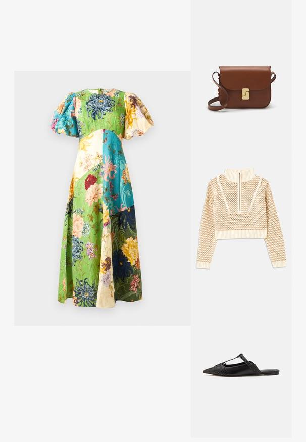 Pulover scurt de culoare bej deschis, cu guler tip mock cu fermoar, având un model texturat și manșete și tiv coagulate. Combină materiale tricotate și țesute.; Rochie maxi florală cu mâneci bufante; caracterizată prin panouri verzi, albastre, galbene și crem. Material texturat cu diverse modele florale.; Pantofii din piele neagră cu curea la spate au vârful ascuțit, prezentând un accent țesut și un design superior pliat. Talpa joasă cu hardware minim.; Geantă de piele maro cu închidere tip capac, accesorii de culoare aurie, curea de umăr și o textură netedă. Formă compactă și rectangulară.