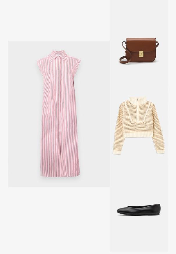 Licht beige cropped sweater met een ritskraag, voorzien van een textuurpatroon en geribde manchetten en onderrand. Combineert gebreide en geweven materialen.; Rood en wit gestreepte mouwloze jurk met een kraaghalslijn, full-length ontwerp en een knopenlijn aan de voorkant. Bevat twee zijzakken.; Paul Smith TOPANGA - Ballerina's - black; Bruine leren handtas met een klep sluiting, gouden hardware, een schouderband en een gladde textuur. Compact rechthoekige vorm.