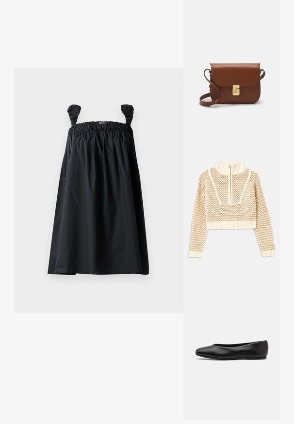 Svijetlo bež skraćeni džemper s rajsferšlusom i visokom ovratnikom, s teksturiranim uzorkom i rebrastim rukavima i rubom. Kombinira pletivo i tkaninu.; Crna haljina bez rukava sa smotanom elastičnom ovratnikom i skupljenim materijalom. Napravljena od laganog materijala, s okruglim, skupljenim naglascima na ramenima.; Paul Smith TOPANGA - Balerinke - black; Smeđa kožna torba s preklopom, zlatnim detaljima, remenom za nošenje preko ramena i glatkom teksturom. Kompaktni pravokutni oblik.