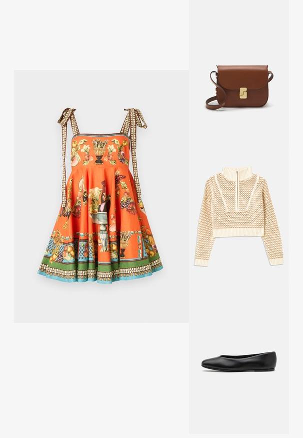 Suéter corto de un beige claro con cuello tipo chimenea con cremallera, que presenta un patrón texturizado y puños y dobladillo acanalados. Combina materiales de punto y tejido.; Vestido naranja sin mangas con patrones de flores y frutas, tirantes ajustables con un diseño marrón y blanco, y una falda acampanada bordeada en verde y azul.; Paul Smith TOPANGA - Bailarinas - black; Bolso de mano de cuero marrón con cierre de solapa, herrajes en tono dorado, correa para el hombro y una textura suave. Forma rectangular compacta.